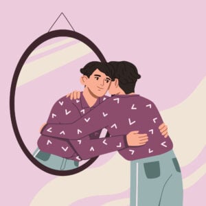 a man hugging his reflection in the mirror