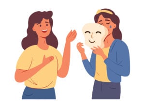 illustration of two women. one is happy and chatting. the other is hiding behind a smiling mask while upset