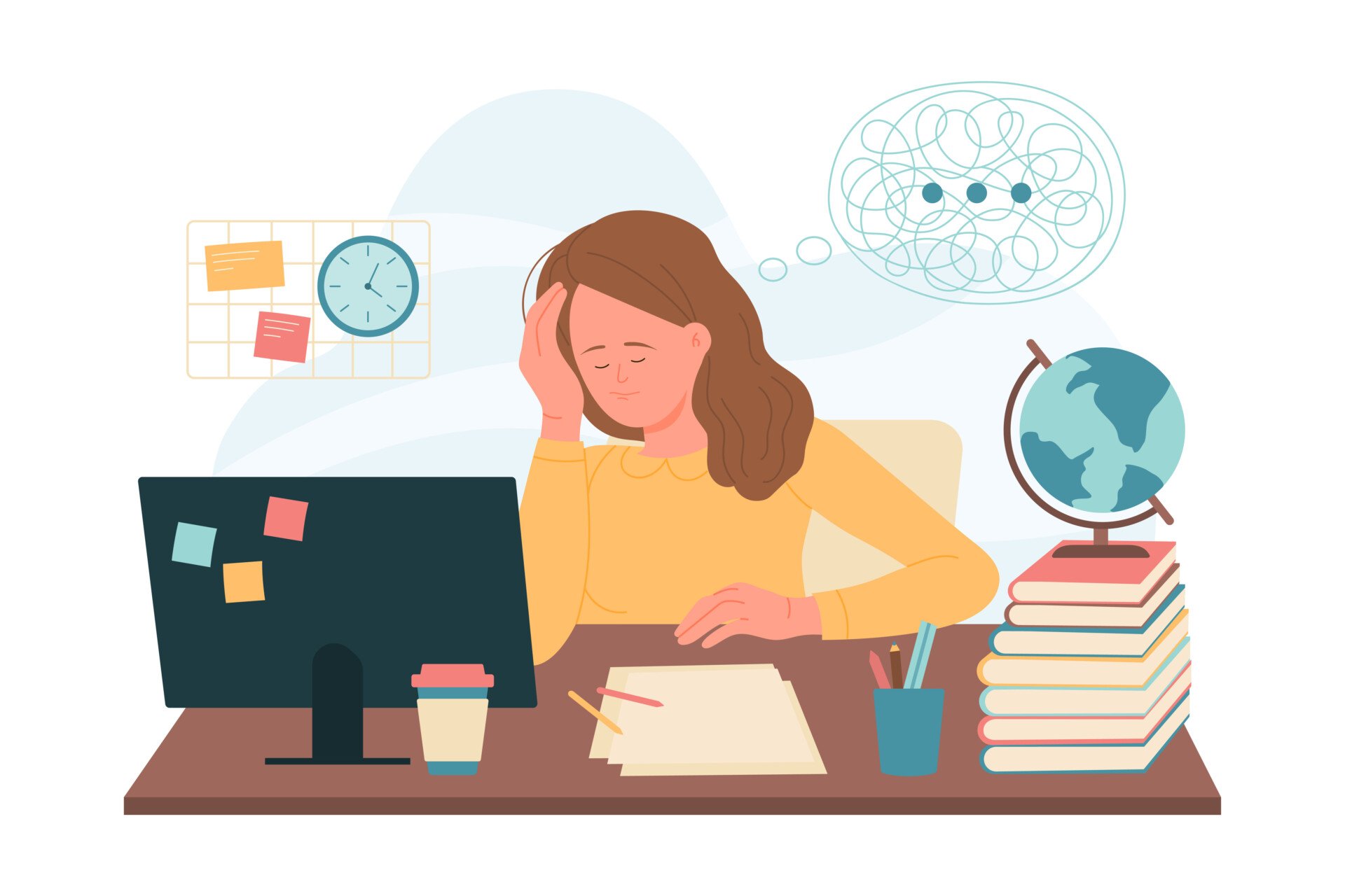 A stressed woman at work desk with books, papers, and a computer screen, with confusion of thoughts over her head.