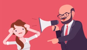 illustration of a man crying into megaphone in loud voice addressing woman