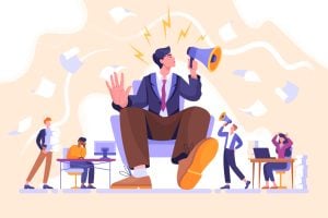 Arrogance or selfish management concept. Bossy manager doesnt listen to subordinates opinion. People shout out for haughty boss sitting in chair with megaphone. Flat cartoon vector illustration