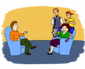 Cartoon of a psychotherapist sat on a seat opposite a mother who has her son sat on her shoulders on his phone. She has her husband on a lead to illustrate codependency in a family