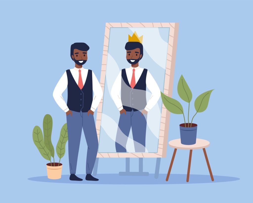 Narcissist man, human behavior in self love, confidence egocentric attitude, importance of lifestyle of beauty. Cartoon flat isolated character standing in front of mirror. Vector concept