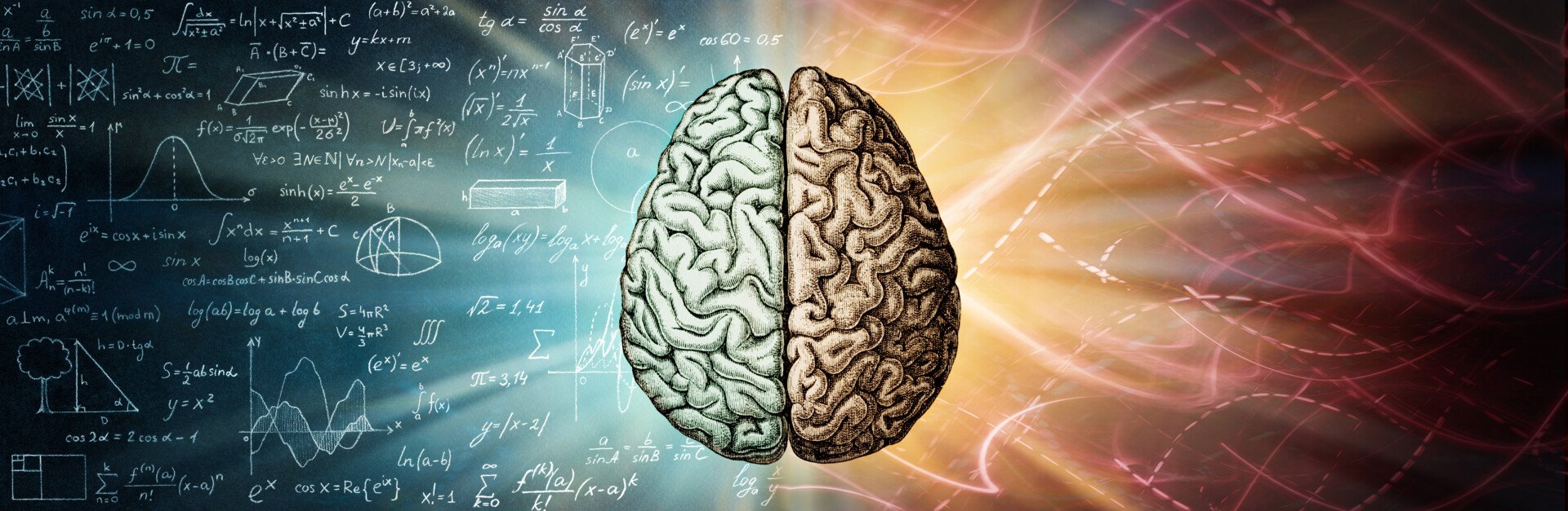 a brain with a background where there is a blackboard with equations on the left side, and various light reflections on the right.
