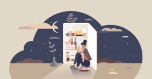 Eating at night as unhealthy food hunger habit after midnight tiny person concept. Mental problem and overeating addiction lifestyle vector illustration. Open fridge and female with appetite behavior