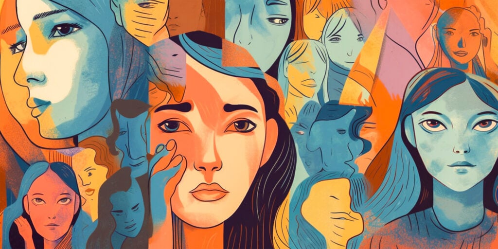 artistic concept of collaged woman's faces with different emotions expressed