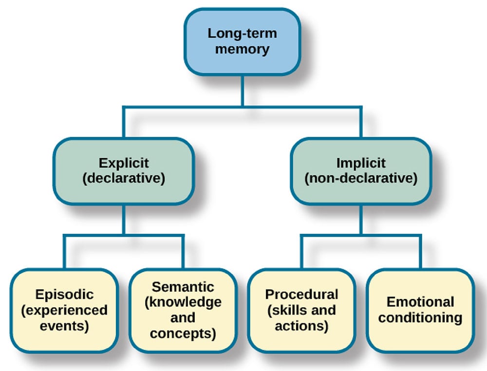 There are two components of long-term memory: explicit and implicit. Explicit memory includes episodic
 and semantic memory. Implicit memory includes procedural memory and things learned through conditioning.