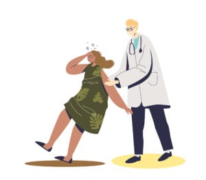 Doctor helping fainting woman suffering from stress. Cartoon female sinking into faint because of panic attack, shock, depression or mental disorder disease. Flat vector illustration